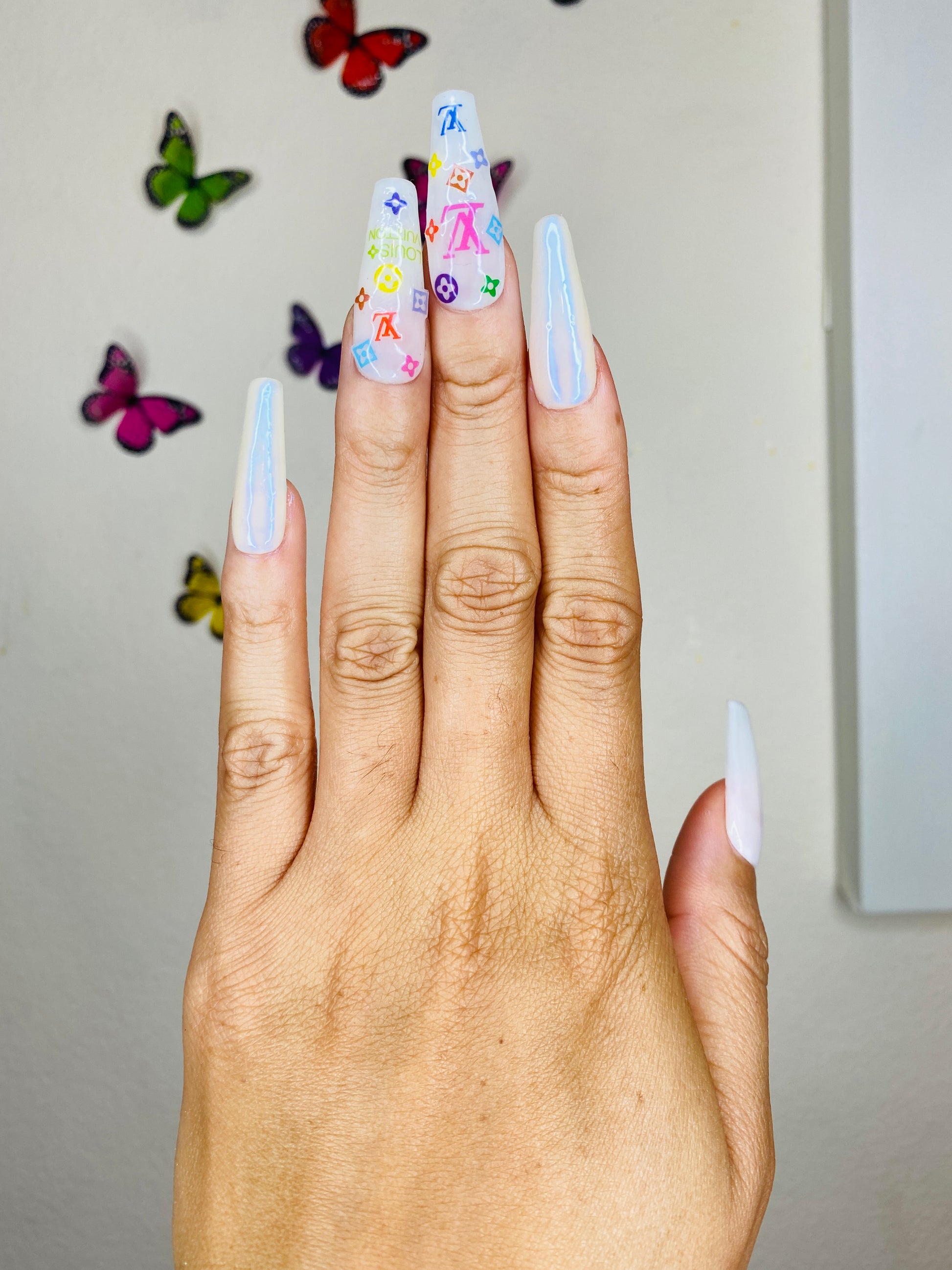 Colorful Louis Vuttion Nails, Holographic Nails Chrome & Milky